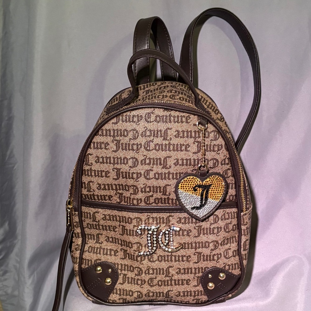 Juicy Couture Brown Monogram Mini‎ Backpack Rhinestone Logo Heart Charm Bag